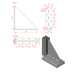 Большой стальной уголок 315х315 мм с ребром жесткости 4 мм чертеж