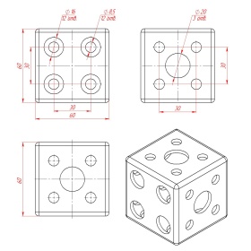 Чертёж трехстороннего кубического соединителя 60х60 мм