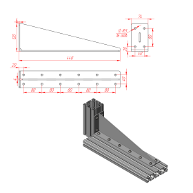 Длинный стальной уголок 440 мм с ребром жесткости 4 мм для профиля серии 40 чертеж
