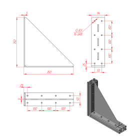 Большой стальной уголок 350х350 мм с ребром жесткости 5 мм чертеж