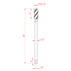 Чертеж удлиненного метчика М12 (шаг 1.75)