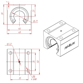 Чертеж опорного модуля SBR20UU для рельсовой направляющей SBR-C20