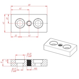 Чертёж: Опорная плита алюминиевая M10-40х80 паз 10