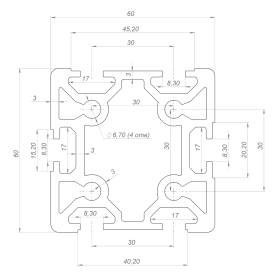 OB-6060-RAILS-RAL3020 | Профиль 60х60 мм. Паз 8 мм, для рельс (Красный) изображение 1