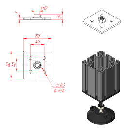 Чертёж опорной плиты 80х80, паз 8 мм, резьба М12