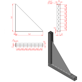 Массивный стальной уголок 740х740 мм с ребром жесткости 5 мм чертеж
