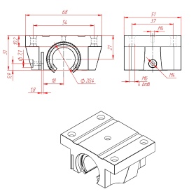 Чертеж  каретки TBR20UU для цилиндрического рельса TBR-C20