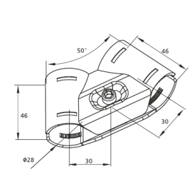 Техническая схема кронштейна RSI‑DF16B с габаритами и указанием угла соединения 50° для труб Ø28 мм